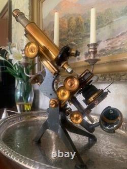 Antique W. Watson & Sons Edinburgh-H Brass Microscope, circa 1907, Cased