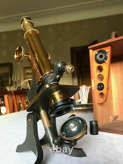 Antique W. Watson & Sons Ltd Brass Histology Monocular Microscope c1898, Cased