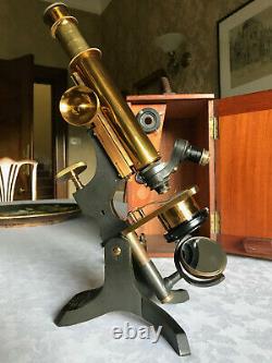 Antique W. Watson & Sons Ltd Brass Histology Monocular Microscope c1898, Cased