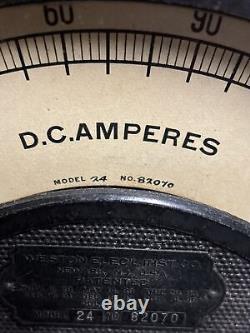 Antique Weston Electrical Model 24 D. C. Amperes Gauge Meter on Oak Wood Base