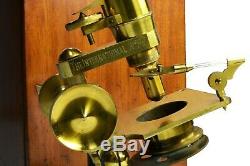 Antique brass microscope, compound,'The International', 1900s SUPER EXAMPLE
