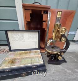 Antique c1911 Ernst Leitz Wetzlar Brass Microscope, Cased, Free Slides Included