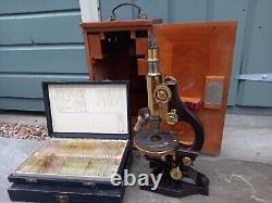 Antique c1911 Ernst Leitz Wetzlar Brass Microscope, Cased, Free Slides Included