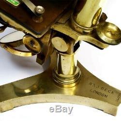 Antique compound brass microscope, R & J Beck of London, 1890s, cased