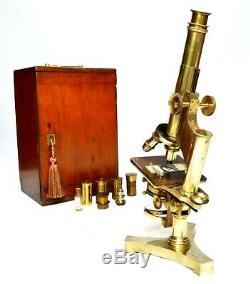 Antique compound brass microscope, R & J Beck of London, 1890s, cased