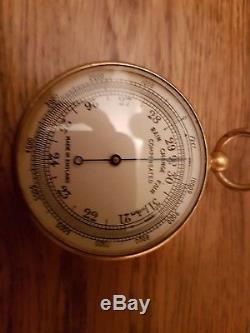 Antique hand held British pocket barometer in fitted leather case WORKING