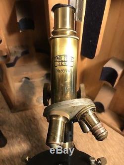 Beautiful Carl Zeiss Jena Antique Brass Microscope w 4 Rare Objectives DD, D, A