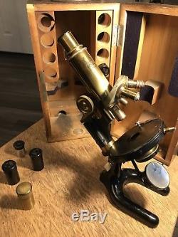 Beautiful Carl Zeiss Jena Antique Brass Microscope w 4 Rare Objectives DD, D, A