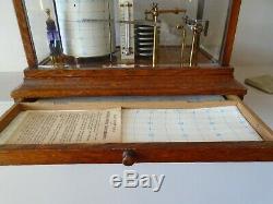 Beautiful & Top Quality Rare Antique Barograph With Thermometer Dark Oak Case