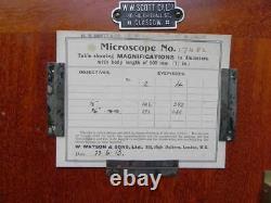 Early 20th C Brass & Steel Microscope. Mahogany Case. W Watson & Sons. (445)