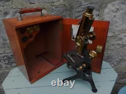 Early 20th C Brass & Steel Microscope. Mahogany Case. W Watson & Sons. (445)