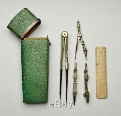 Early Silver Antique Drawing Instruments In Shagreen Case
