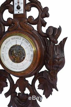 French Antique Black Forest Hand Carved Wood Barometer Hunting Trophy