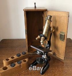 Good Antique Brass Bausch And Lomb NY Microscope in Box with Lenses
