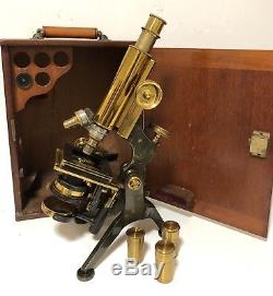 Good Antique Brass Watson Edinburgh Microscope in Box with Lenses Working VGC