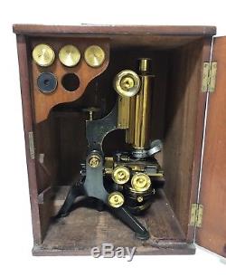 Good Antique Brass Watson Edinburgh Microscope in Box with Lenses Working VGC