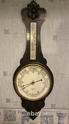 Grand Antique Oak Aneroid Banjo Barometer & Thermometer (Excellent condition)