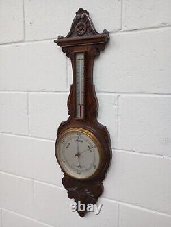 Grand Antique Oak Aneroid Banjo Barometer & Thermometer Silvered Dials (b65)