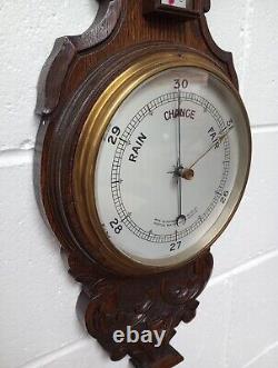 Grand Antique Oak Aneroid Banjo Barometer & Thermometer Silvered Dials (b65)