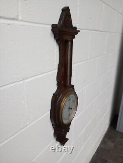 Grand Antique Oak Aneroid Banjo Barometer & Thermometer Silvered Dials (b65)