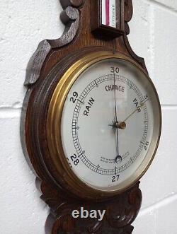 Grand Antique Oak Aneroid Banjo Barometer & Thermometer Silvered Dials (b65)