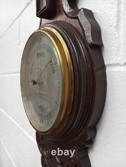 Grand Antique Oak Aneroid Banjo Barometer & Thermometer Silvered Dials (b65)