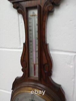 Grand Antique Oak Aneroid Banjo Barometer & Thermometer Silvered Dials (b65)