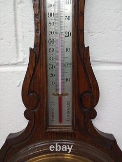 Grand Antique Oak Aneroid Banjo Barometer & Thermometer Silvered Dials (b65)