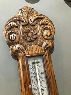 Great Antique Oak Wood Carved Aneroid Barometer Thermometer