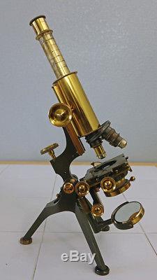 J H STEWARD LONDON ANTIQUE BRASS NEW BACTERIOLOGICAL MICROSCOPE WithWD CASE -C1903