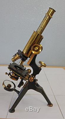 J H STEWARD LONDON ANTIQUE BRASS NEW BACTERIOLOGICAL MICROSCOPE WithWD CASE -C1903