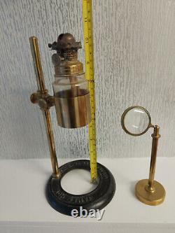 James How Brass Microscope Bench Lamp and Magnifiying Lens c1880