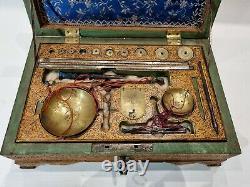 LARGE SIGNED ANTIQUE 19th C ISLAMIC PERSIAN QAJAR BRASS WOOD JEWELERS SCALE SET