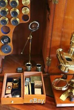 LATE 19th C LARGE ANTIQUE BRASS BINOCULAR MICROSCOPE OUTFIT, similar ROSS etc