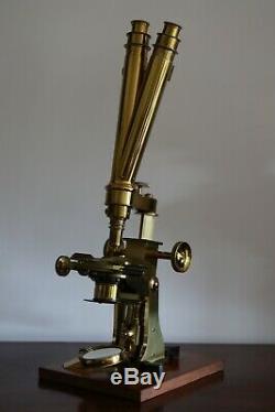 LATE 19th C LARGE ANTIQUE BRASS BINOCULAR MICROSCOPE OUTFIT, similar ROSS etc