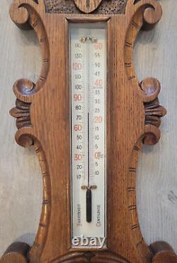 Large Antique 19th Century Victorian c1880's Carved Oak Barometer & Thermometer