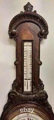 Large Antique Carved Oak Aneroid Banjo Barometer & Thermometer All working