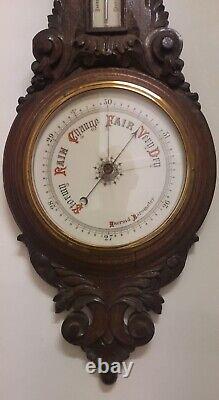 Large Antique Carved Oak Aneroid Banjo Barometer & Thermometer All working