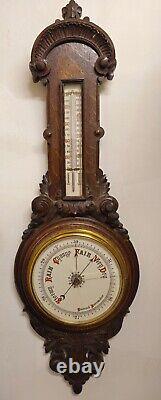 Large Antique Carved Oak Aneroid Banjo Barometer & Thermometer All working