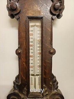 Large Antique Carved Oak Aneroid Banjo Barometer & Thermometer All working