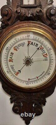 Large Antique Victorian Carved Oak Aneroid Banjo Barometer & Thermometer