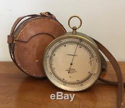 Large Antique Vintage T. Wheeler Military Brass Aneroid Barometer In Leather Case