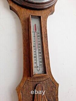 Large Vintage Dark Oak Barometer With Thermometer Collectible