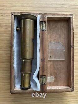 Late 1800s Antique Brass Field Pocket Microscope With Original Box