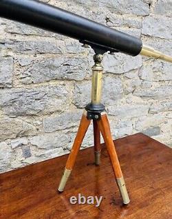 Original Antique Victorian Brass Leather Telescope on Tripod Floorstanding