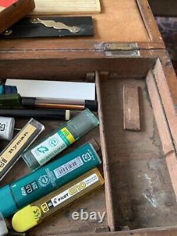 Quality Box Of Antique Drawing Instruments Double Layered Box, Many Various