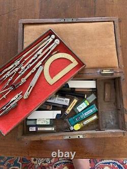 Quality Box Of Antique Drawing Instruments Double Layered Box, Many Various