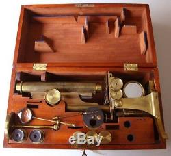 R & J BECK LARGE BEST STUDENT Brass MICROSCOPE OUTFIT in ORIGINAL MAHOGANY CASE