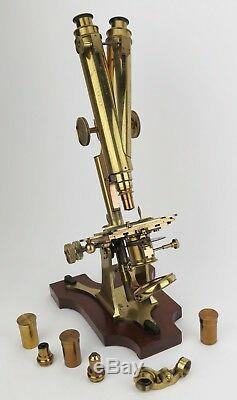R & J Beck binocular microscope, twin tower, 3 Objective lenses, condenser 1873