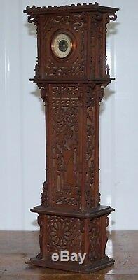 Rare 56cm Tall 19th Century Continental Walnut Fret Carved Barometer Oriental